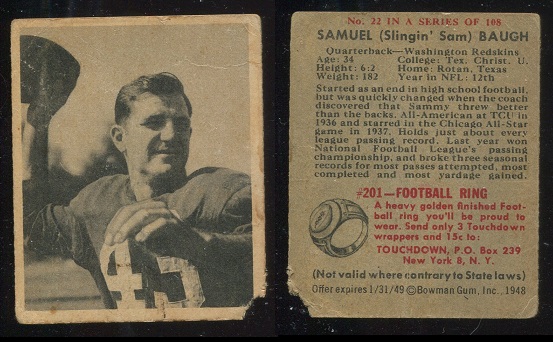 1948 Bowman #22 - Sammy Baugh - poor