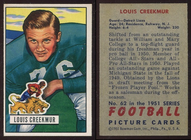 1951 Bowman #62 - Lou Creekmur - exmt